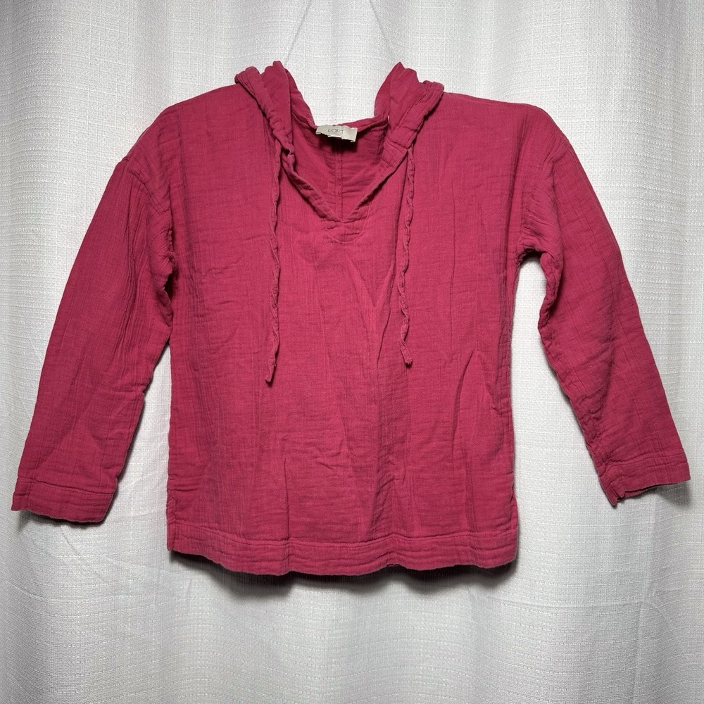 LOFT Women's XS Pink Gauze 100% Cotton Hoodie Pullover Shirt Casual Boho Coastal